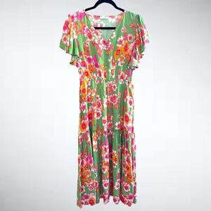 Easel Los Angeles Ruffled Sleeves Floral Midi Dress